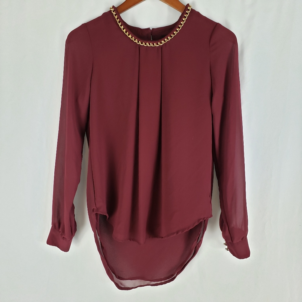 Rue21 Burgundy Gold Pleated Long Sleeve Blouse S